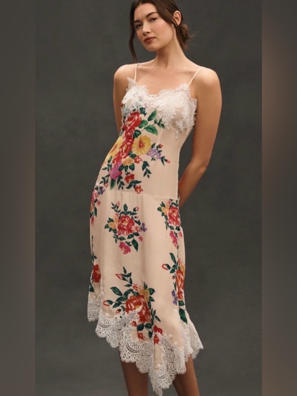 Anthropologie Cream Floral Asymmetrical Slip Dress with White Lace Trim Sz L
